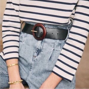 Sezane Yves Black Leather Belt with Round Brown Wood Buckle Size 90